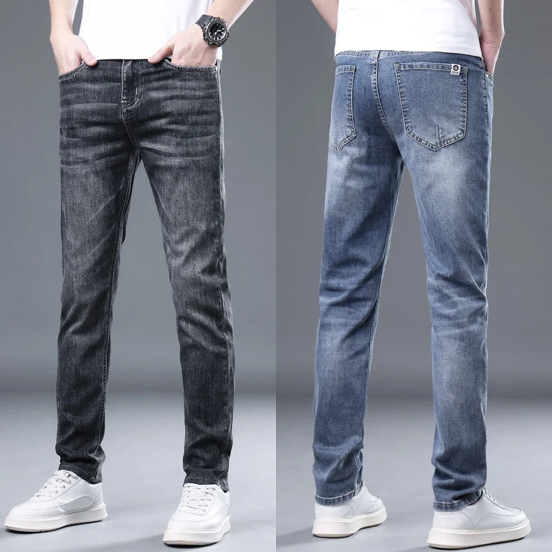 2024 summer new thin section jeans men's elastic Slim straight loose casual versatile pants men's blue light business pants