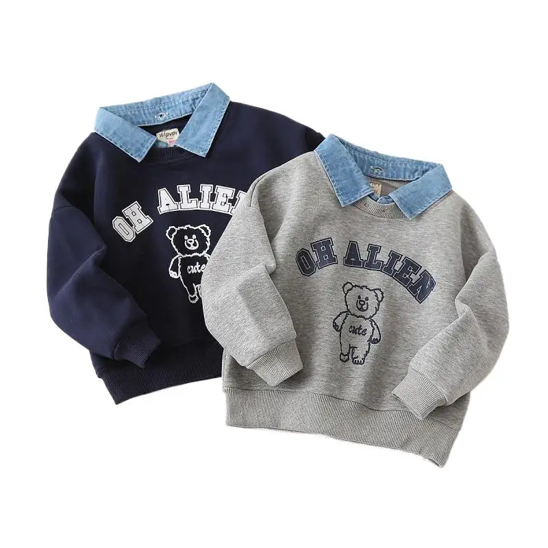 Autumn Children Boys Fake Two Piece Sweatshirt Cotton Bear Printed Baby Boy Pullovers Detachable Collar Long Sleeve Kid Boy Tops