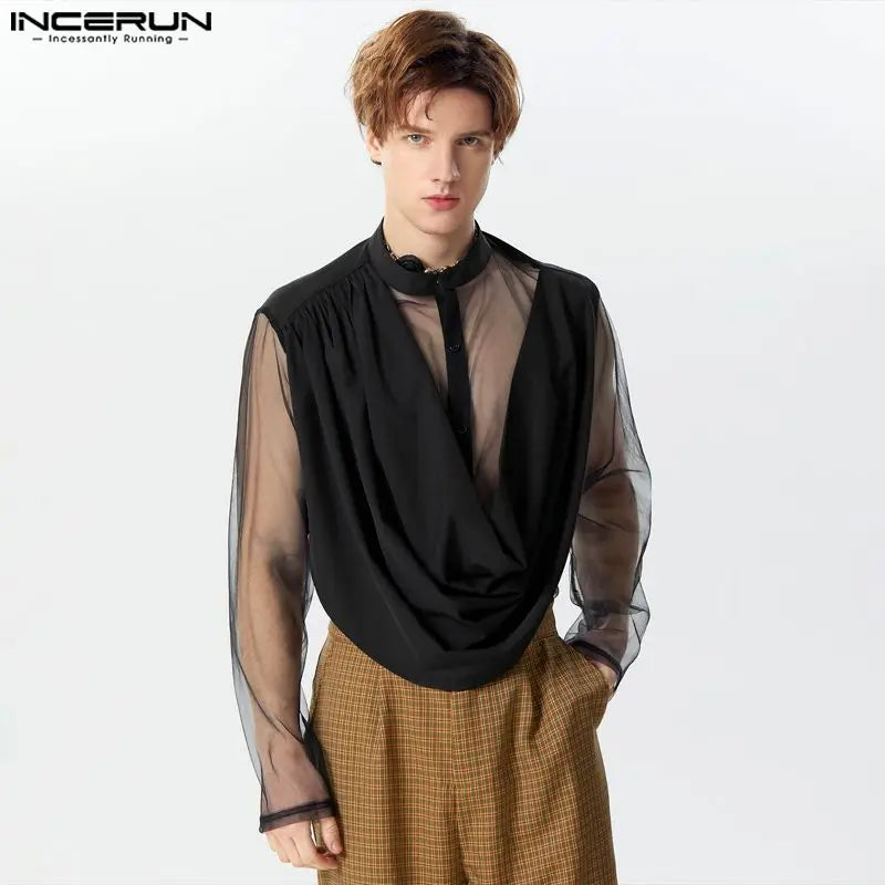 مجموعة اروين التجارية ARWEN&AJH GROUP  2024 European  2024 Men's Irregular Shirt Mesh Patchwork Stand Collar  Long Sleeve  Transparent Fashion Men Clothing