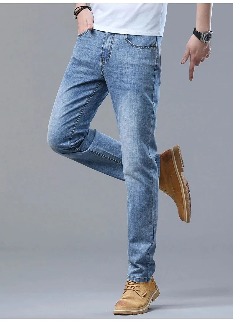 New in Men's Straight Jeans Summer Thin Casual Stretch Fashion Business Casual Denim Pants Straight Classic Male Trousers