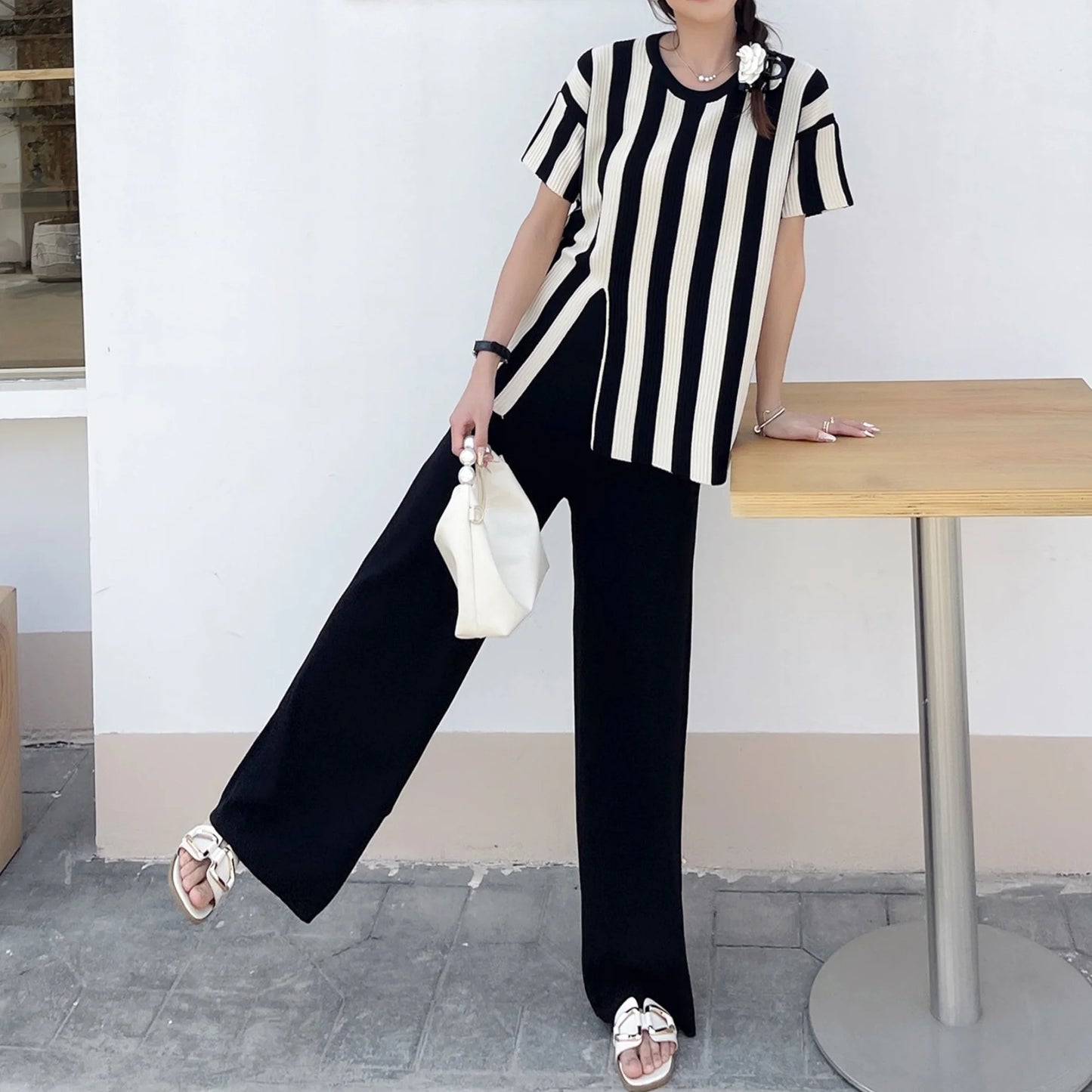 2024 Trend Casual Elegant Knit Stripe O-neck Short Sleeved Sweater Top Irregular Split And Elastic Wide Leg Pants Two-piece Set