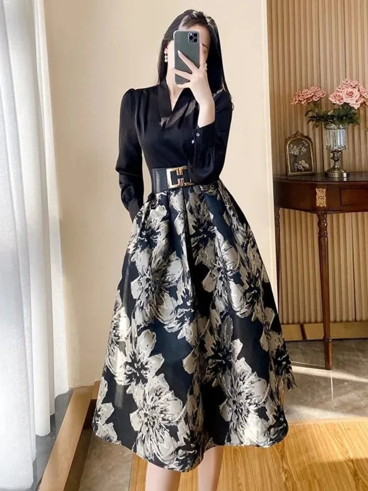 ARWEN & AJH GROUP Women's Printed Dress Autumn Winter 2024 New Luxury Celebrity Temperament French Fake Two Piece Long Sleeve Dress Female