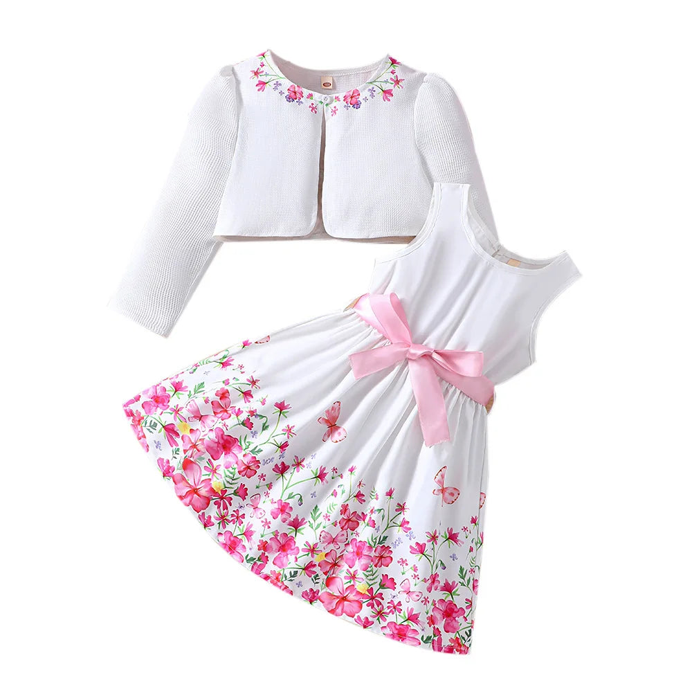 Girls Adorable Long Sleeve Clothes Cardigan & Floral Sundress Set - Soft & Stylish Two-piece Outfit for Daily Summer Adventures