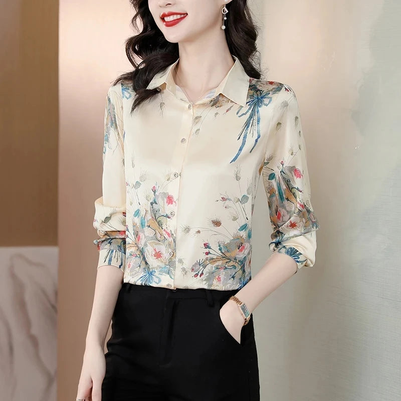 ARWEN & AJH GROUP Chic Printed Casual Office Shirts For Women Long Sleeve Silk Satin Fashion Women Blouses 2024 Elegant Female Tops  ARWEN & AJH GROUP