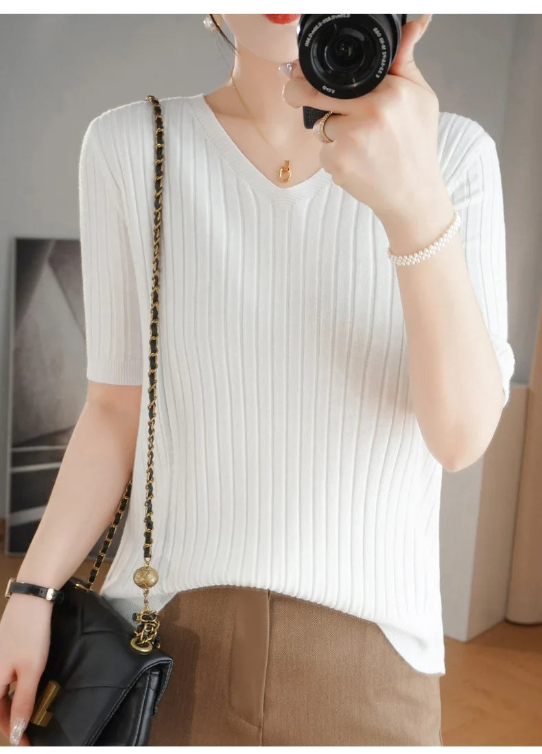 2024 new Women's Clothing Pullovers Sweaters Spring Summer New V-neck Short sleeved Knitted Shirt Base Shirt Solid Color Jumpers