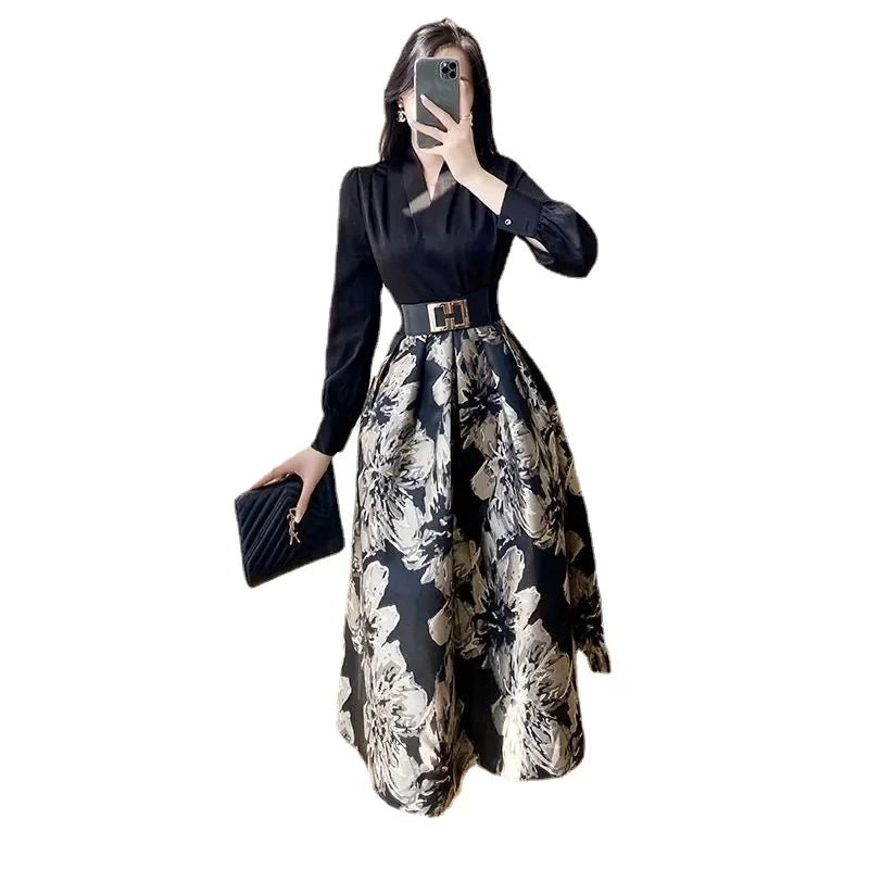 ARWEN & AJH GROUP Women's Printed Dress Autumn Winter 2024 New Luxury Celebrity Temperament French Fake Two Piece Long Sleeve Dress Female