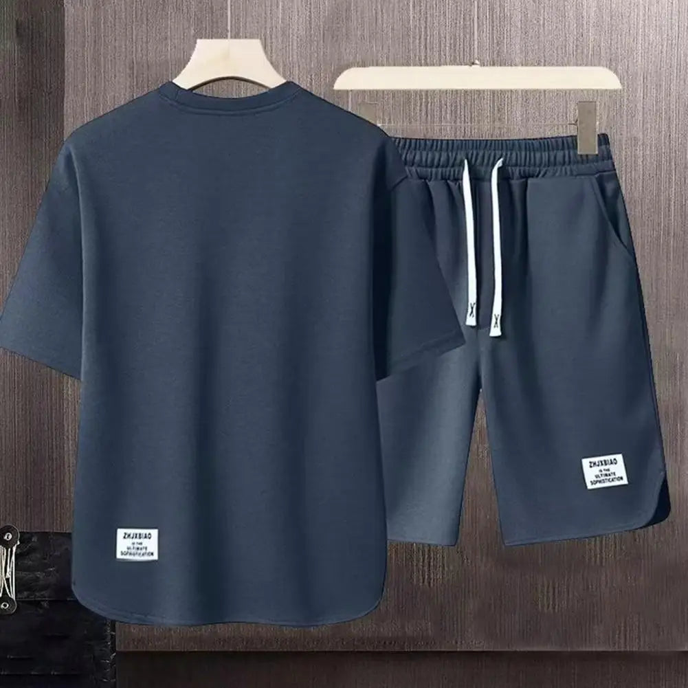 2Pcs/Set Men Summer Casual Outfit Short Sleeve T-shirt Elastic Drawstring Waist Wide Leg Shorts Set Activewear Set 남자 운동복 세트