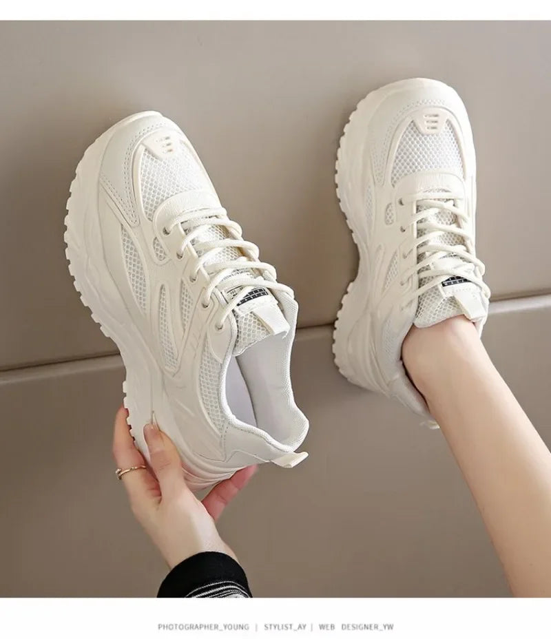 White Sneakers Women 2024 New Leather Chunky Sneakers Women's Sports Shoes Thick Tennis Vulcanized Shoes Basket Platform Shoes