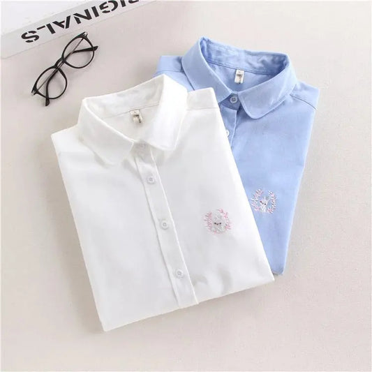 ARWEN AJH Brand Women Blouses Shirts 2024 New White Blue Casual Style Embroidery Long Sleeve Shirts Female Tops Art Style Blusas Blouse