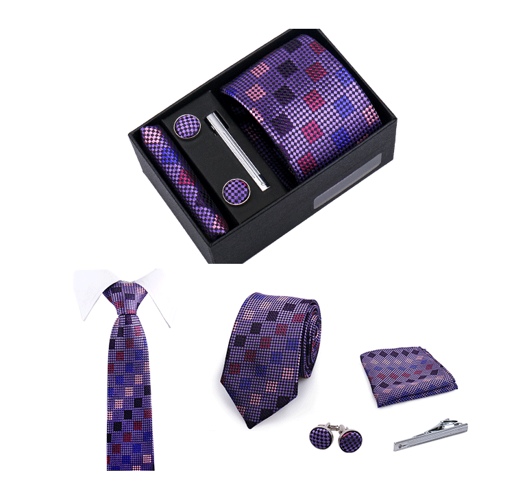 Fashion Elegant Men's Necktie Gift Box Striped Tie Handchief Cufflink Tie Clip 4 pcs Set Wedding Business Party Suit Accessories