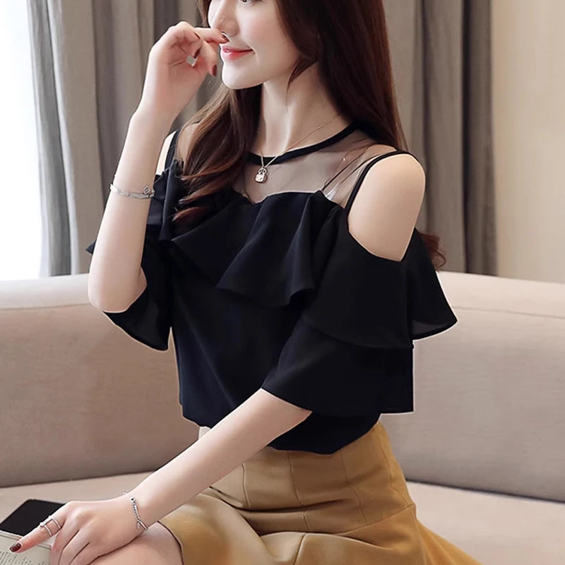 Summer Women Blouses 2024 White Women's Shirts Office Lady Clothes Short Sleeve Chiffon Blouse Woman Off Shoulder Tops 4206