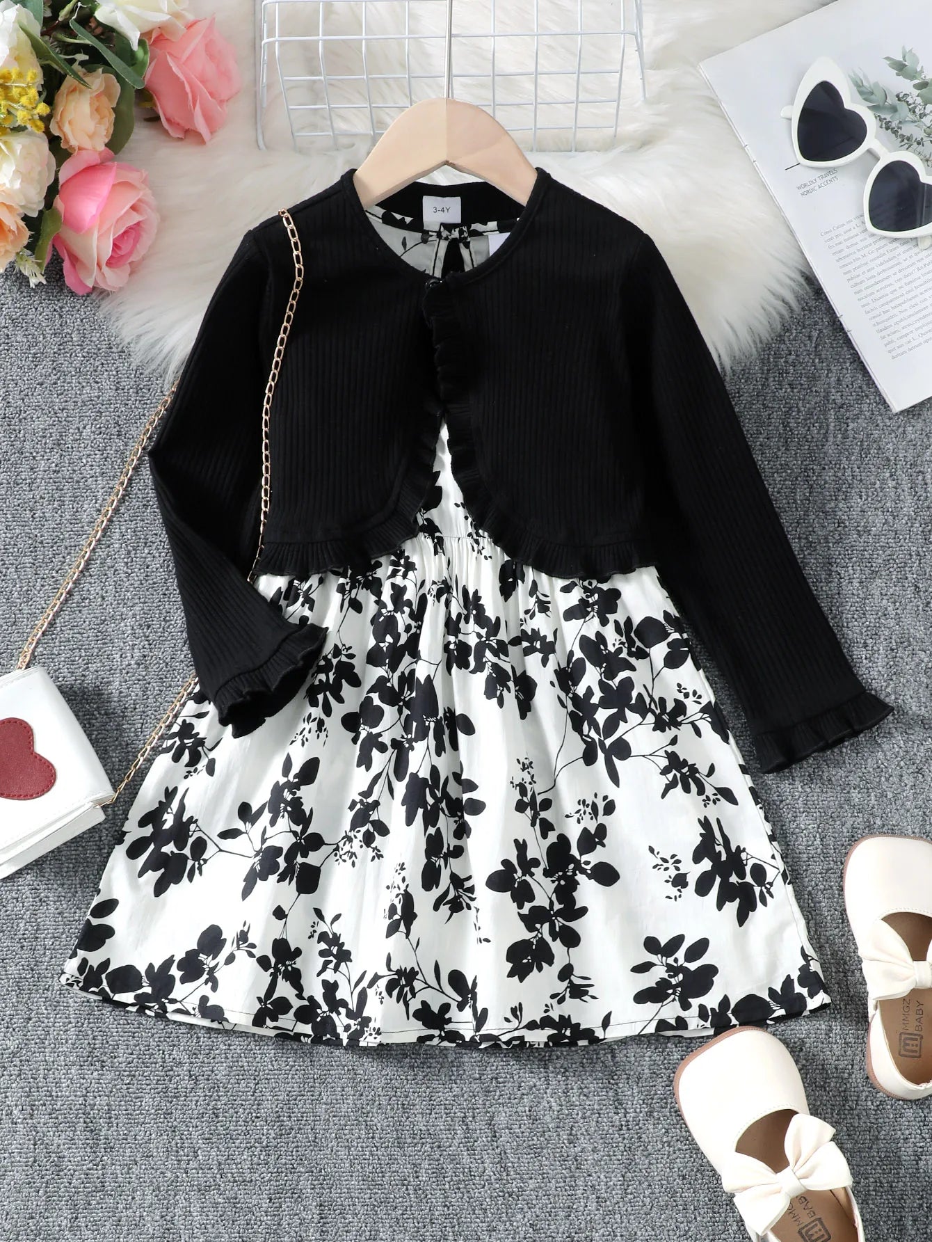 2-7Years Kid Girl 2PCS Clothing Set Black Knitted Overcoat+Floral Print Sleeveless Dress Fashion Personal Style Daily Party Wear