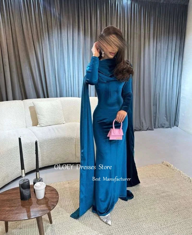 ARWEN & AJH GROUP مجموعه اروين  2024 Simple Blue Velvet Evening Dresses Long Sleeves High Neck Cape Formal Party Occasion Prom Gowns Vestido de fiesta