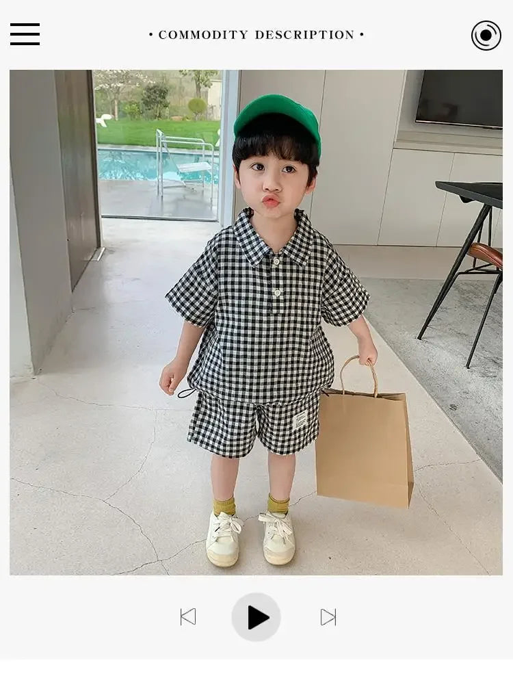 Children Clothing 2023 New Fashionable Boys Clothes Set Spring Summer Kids Sports Style Short Sleeves Plaid Shorts Two Piece Set