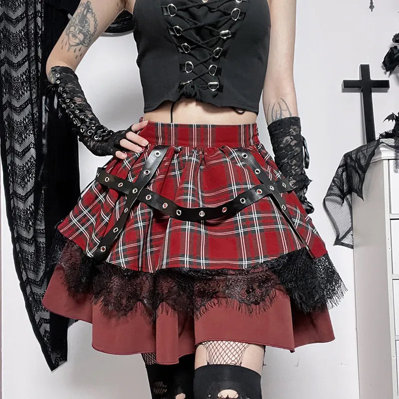 مجموعة اروين arwen&ajh group 2024  Gothic  Girls Plaid Pleated Skirt Punk Sweet Lace Kawaii Clothing  Lolita Cake Mini Skirts Cosplay Costume