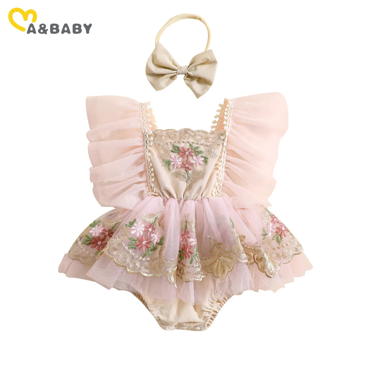 ma&baby 0-24M Baby Girl Romper Newborn Infant Jumpsuit Princess Floral Embroidery Tulle Outfits Birthday Party Clothing