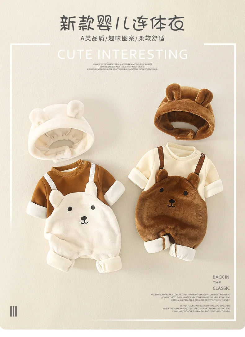 Winter Newborn Baby Clothes Plush Warm Strap jumpsuits Cute Bear Baby Girls Boys Romper Korean Style Long-sleeved Toddler Sets