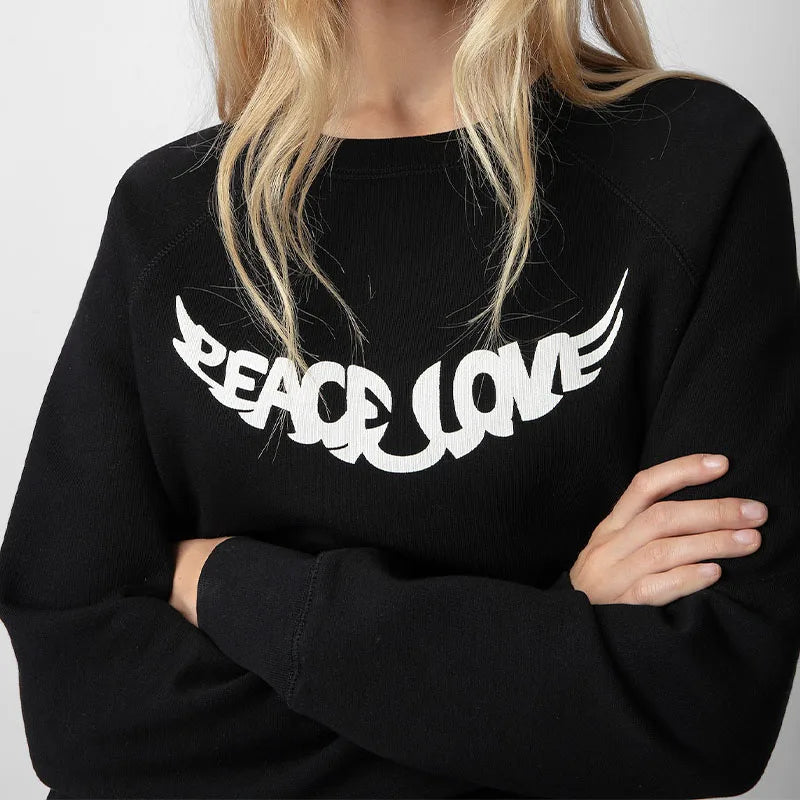 Zadig Women Sweatshirt Casual Black Chic Peace Love Wings Print Pullover Tops Female Cotton Long Sleeve Classic Sweatshirts