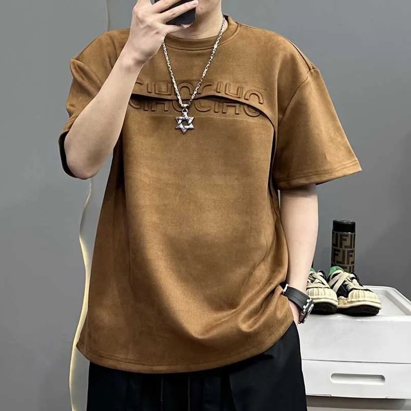 ARWEN & AJH GROUP  Fashion O-Neck Spliced All-match Solid Color Letter T-Shirts Men's Clothing 2024 Summer New Loose Korean Tops Casual Tee Shirt