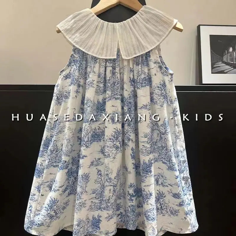 Frock For Girl Dress Retro Lotus Leaf Collar Ink Painting Tank Top Skirt Flower Baby Girl Dresses 1 2 4 6 8 9 10 11 Kids Clothes