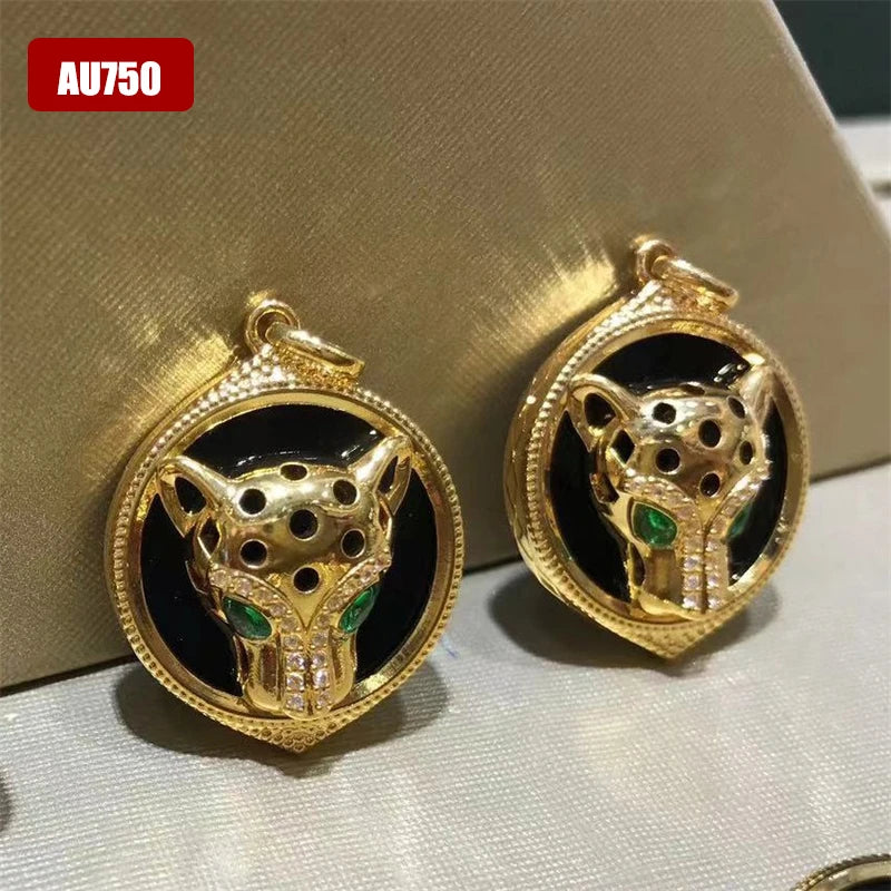 100% Real AU750 18K Gold Leopard Necklace Women Black Agate Pendant Green Eyes With Certificate Waterproof Fine Jewelry