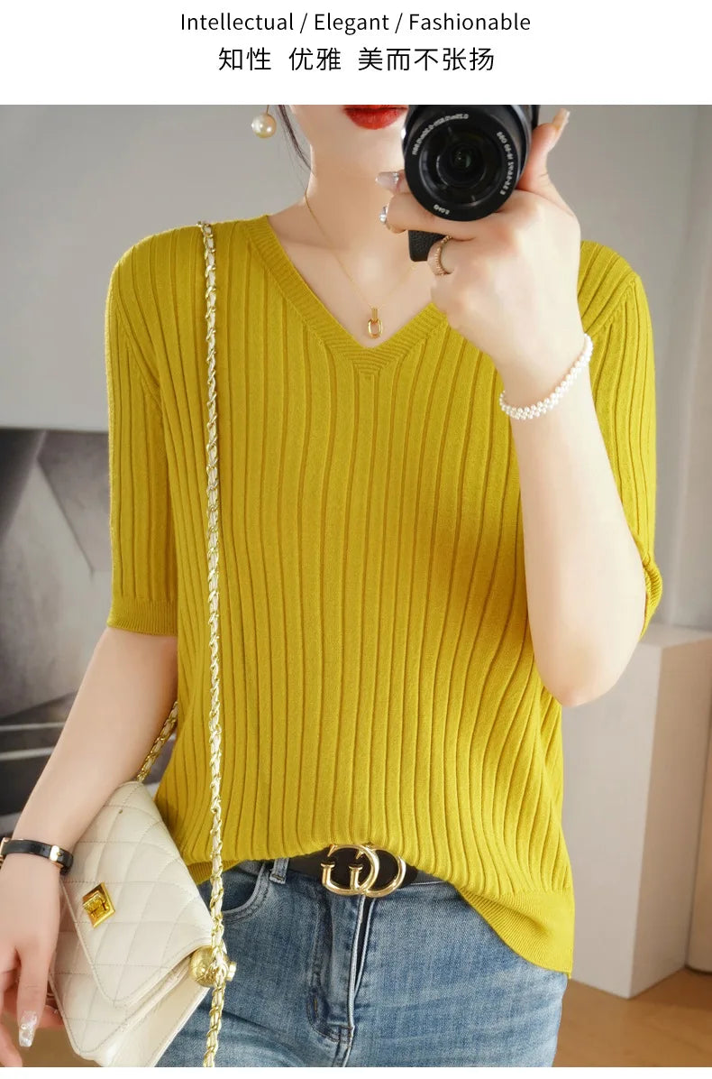 2024 new Women's Clothing Pullovers Sweaters Spring Summer New V-neck Short sleeved Knitted Shirt Base Shirt Solid Color Jumpers