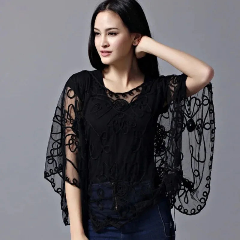 ARWEN&AJH GROUP مجموعة اروين التجاريه2024 2024 High Quality Loose Hollow Chiffon Women's Blouse Summer Lace Three-quarter Sleeve Shirt