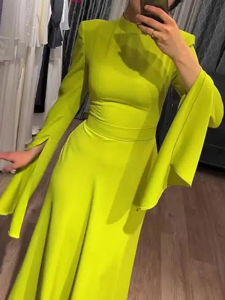 ARWEN & AJH GROUP  2024 New Spring Summer Fashion A-Line Dress Women Ruffle Sleeves Solid Color High-Neck Party Evening Maxi Dresses