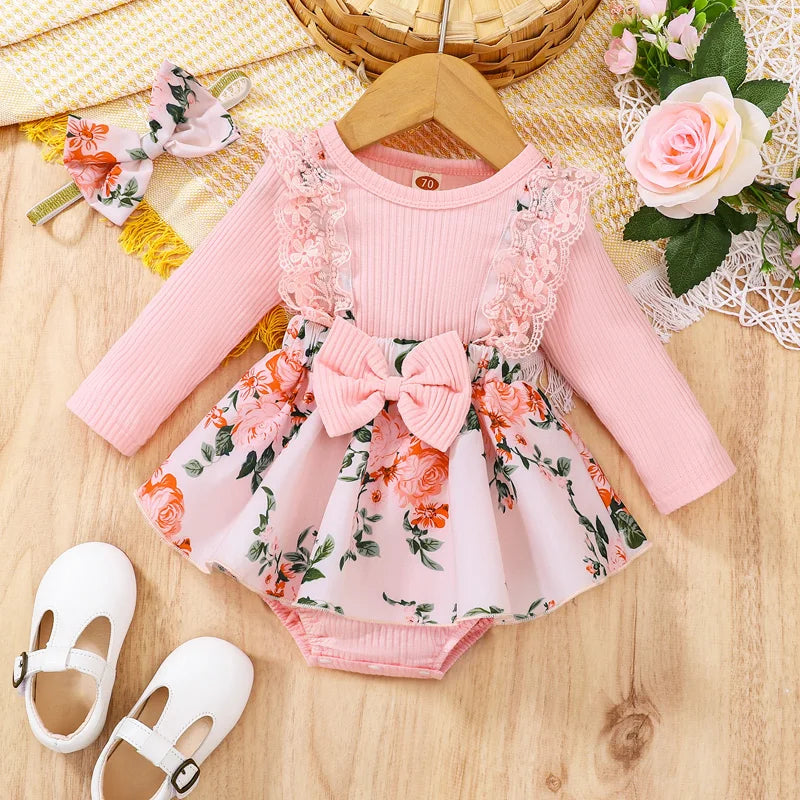 2pcs Infant Baby Girls Romper Dress Patchwork Flower Print Lace Sleeveless/Long Sleeve Crew Neck Front Bowknot Jumpsuit Headband