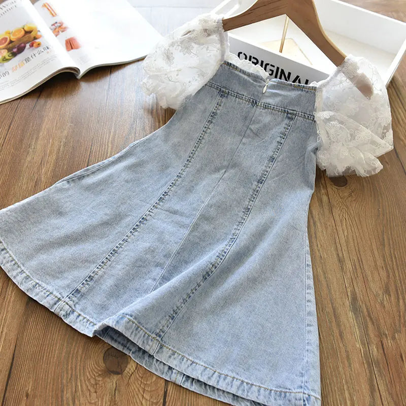 Children Girls Beads Lace Sleeve Denim  Dress Toddler  Fashion   Summer Dresses