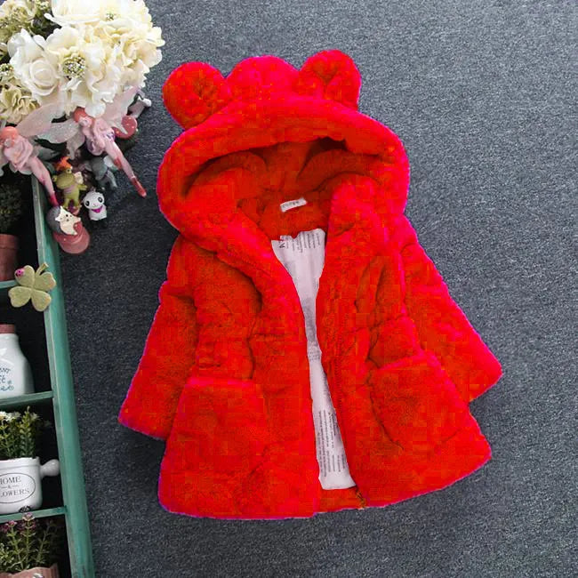 Winter Plush Imitation Fur Girls Jacket Keeping Warm Hooded Outerwear For Kids 1-8 Years Christmas Present Children Coat