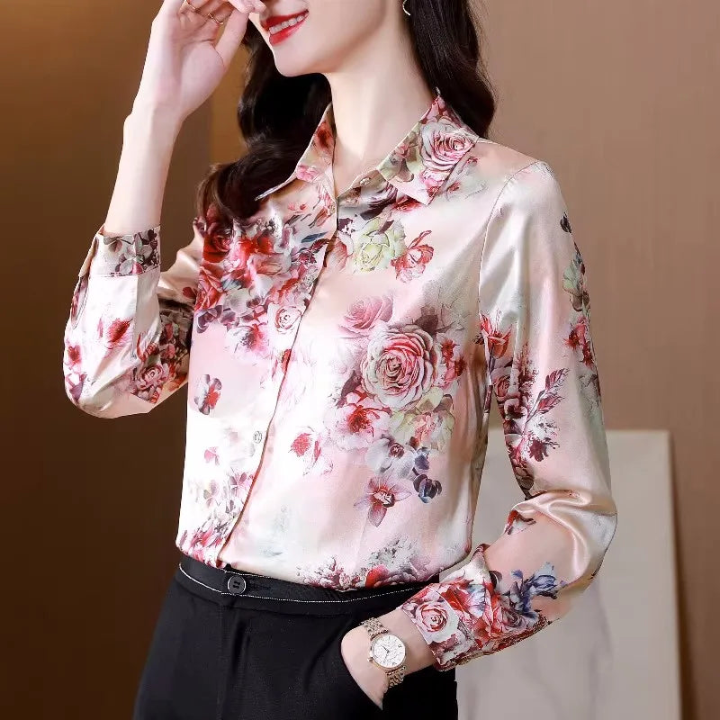 ARWEN & AJH GROUP Chic Printed Casual Office Shirts For Women Long Sleeve Silk Satin Fashion Women Blouses 2024 Elegant Female Tops  ARWEN & AJH GROUP