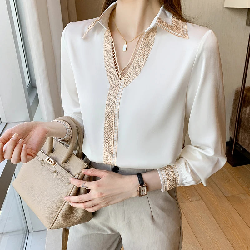 Autumn Women Long Sleeve White Blouse Shirt Tops Women V-Neck Chiffon Blouse Women Blusas Mujer De Moda 2024 Blouses Femme E685