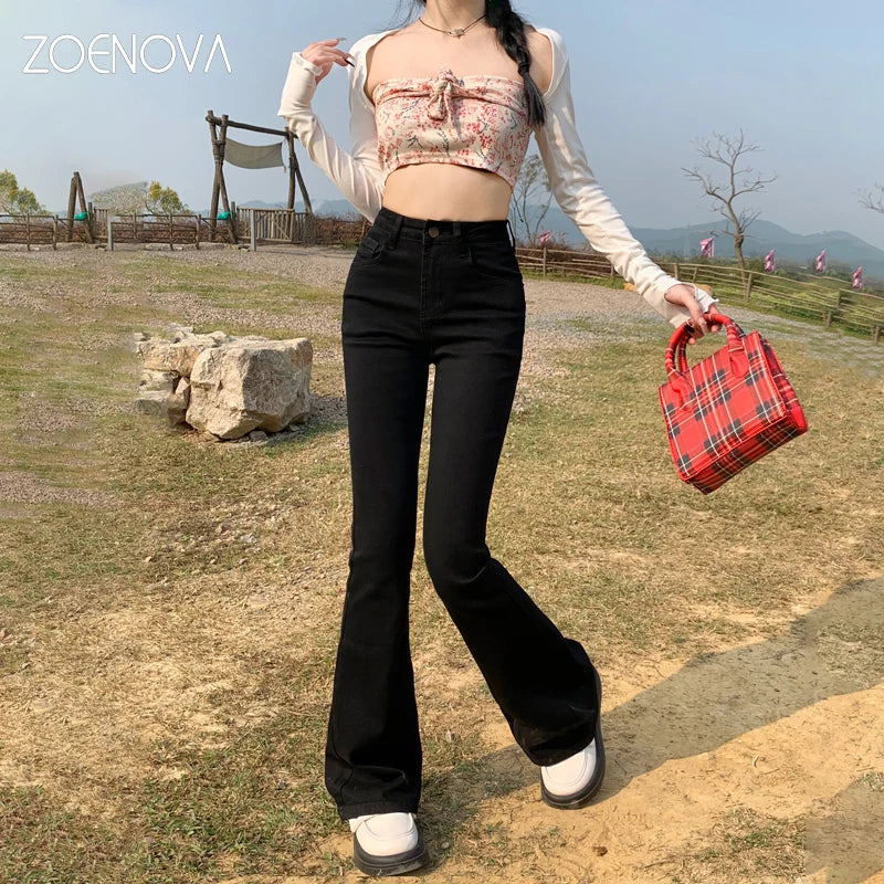 ARWEN & AJH GROUP  2024 Korean Spring Fashion New Micro Flare Pants Women's Retro Casual High Waist Stretch Trousers Street Versatile Jeans