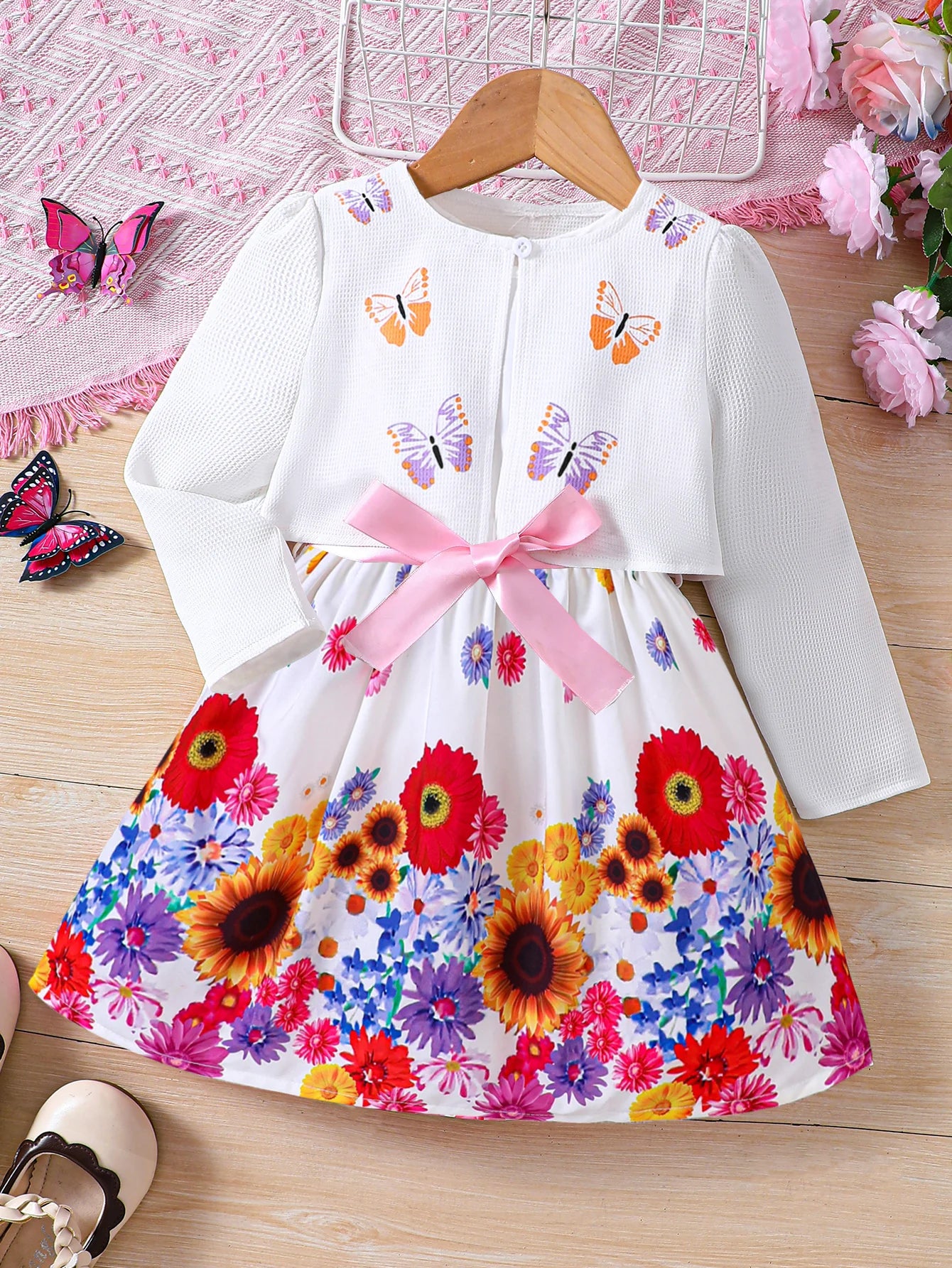 2024 Girls Spring/Summer New Product Two Piece Sweet Flower Dress+Cardigan Small Coat For Children And Girls 2-6 Years Old