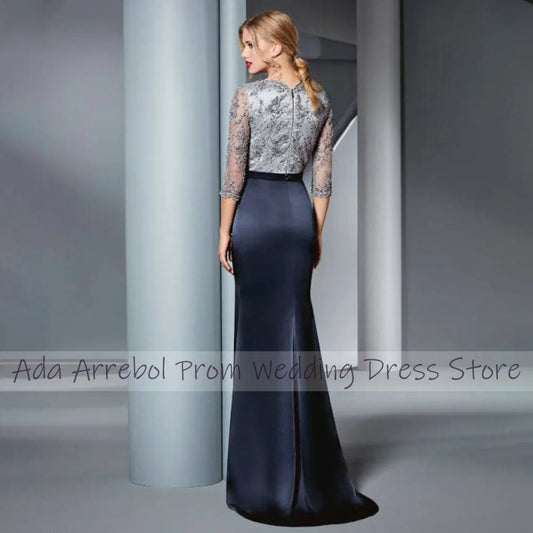 Elegant Mother of the Groom Dresses Mermaid 3/4 Sleeves Formal Evening Gowns Long Beaded Applique Belt Women's Party Dress Satin