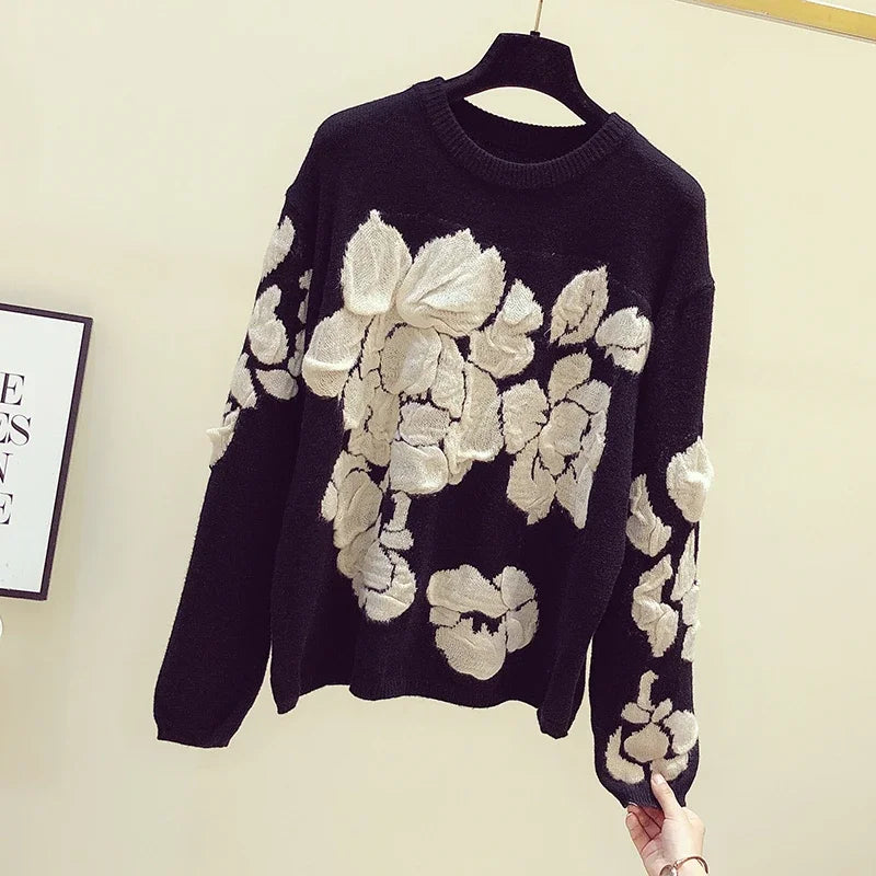 2024 Spring Embroidery Floral O-neck Sweater Pullovers Women Modis Vintage Long Sleeve Knitted Pullover Loose Black Tops