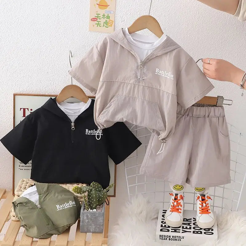 Children's Summer Baby Set 2024 New Boys Slim Clothes Handsome Sunscreen Summer Wear Short Sleeve Hoodie+ ShortsTwo Piece Set