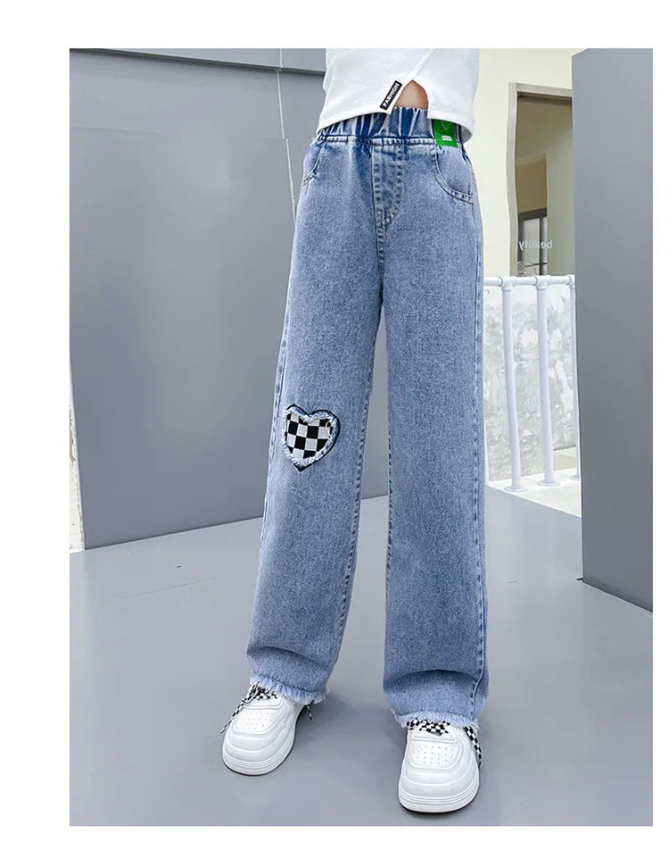 2024 Casual Style Jeans For Girl Teenage Clothes Elastic High Waist Denim Wide Leg Pants Spring Big Kids Straight Trousers 5-14Y