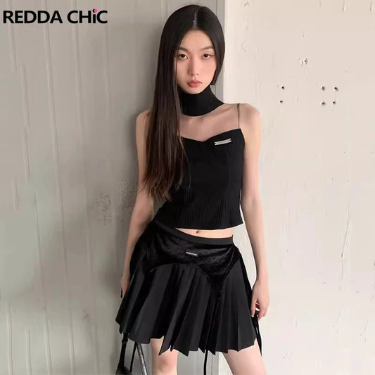 ARWEN & AJH GROUP مجموعة اروين 2024  Retro Black Tank Top Miniskirt Women 2-piece Set Summer Turtleneck Sleeveless Vest Pleated Skirt Grunge  Streetwear