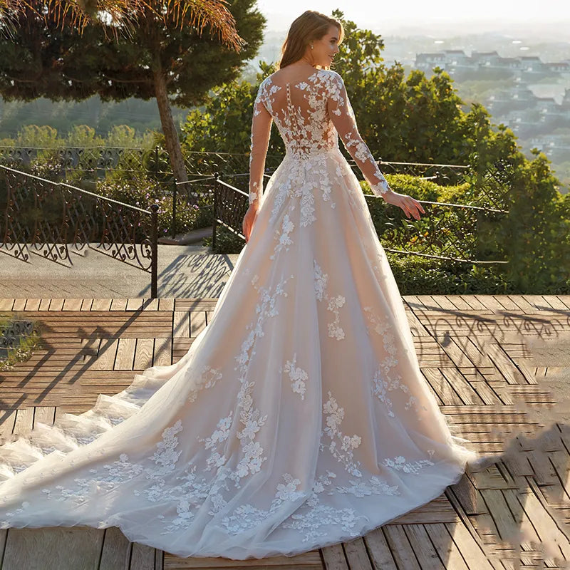 Elegant Lace A-line Wedding Dress Full Sleeves Court Train O-neck Buttons Vestido De Novia Bridal Gown Custom Made