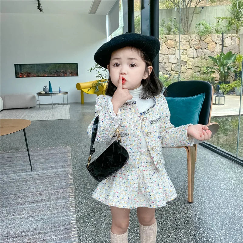 3308E Girls' Clothing Set Sweet Suit 2022 Autumn New Little Fragrant Wind Girl Two Piece Suit Knitted Coat+ Pleated Skirt