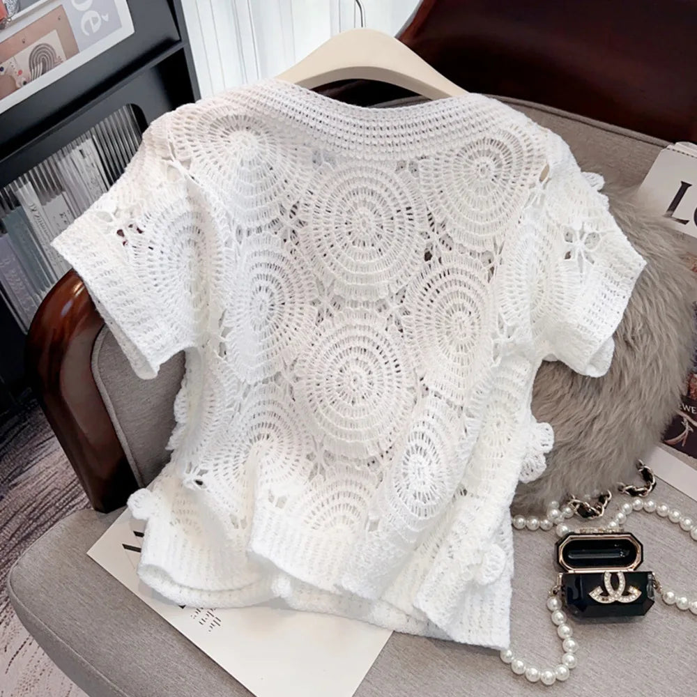 Crochet Sweater Pullover For Women 2024 Summer Stereo Flower Hollow Knit Tops Knitwear Elegant Stylish Vintage Ladies Jumpers