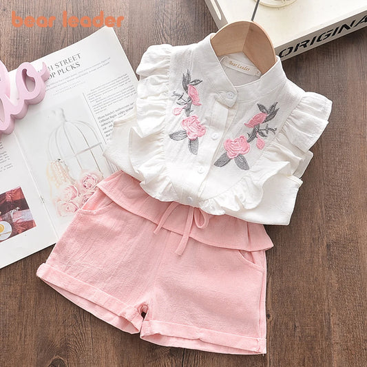 Bear Leader Girls' Clothing Set 2023 Summer New Casual Children's Embroidered Sleeveless Shirt+Shorts Set Girls' Baby Clothing