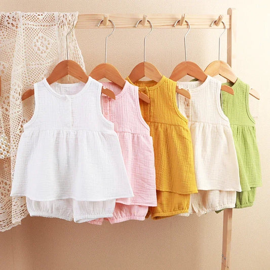 2Pcs Muslin Children Clothing Sets Sleeveless Tops Shorts Kids Loungewear for Girls Soft Breathable Baby Summer Clothes Suit