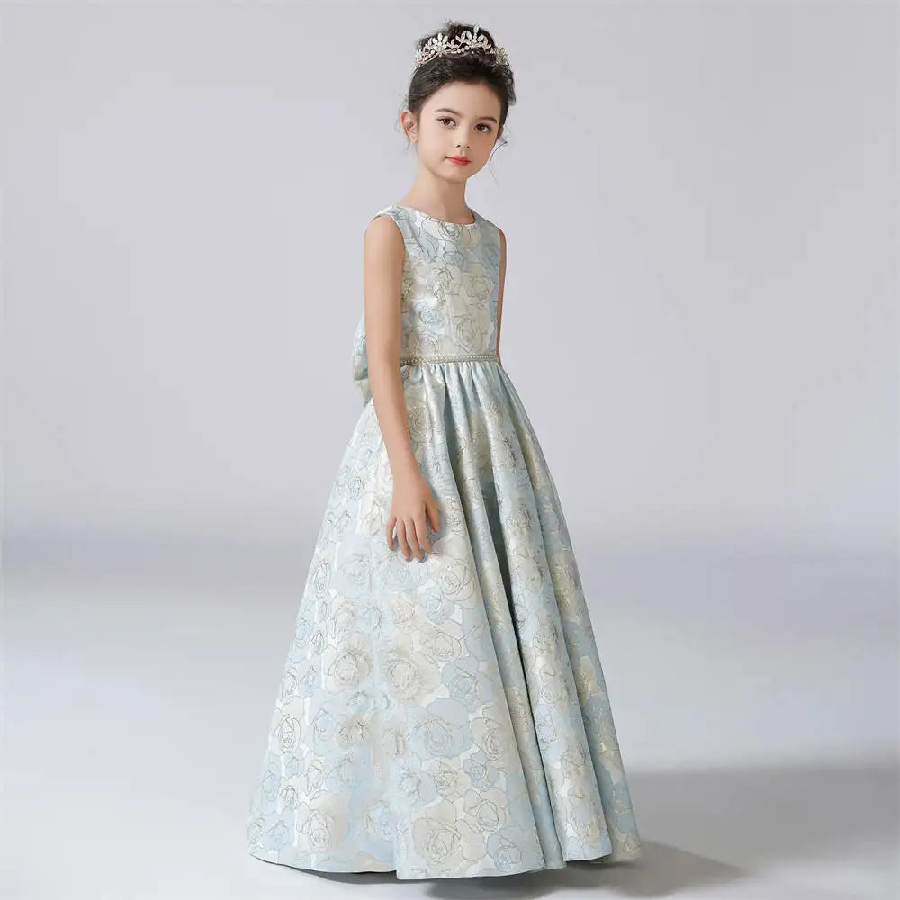 ARWEN & AJH GROUP  O-Neck Dress For Girl A-Line Rose Pattern Flower Girl Dresses Sleeveless Kids Birthday Formal Princess Gowns