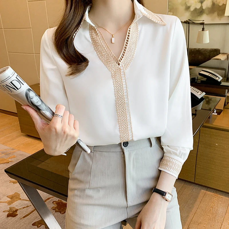 Autumn Women Long Sleeve White Blouse Shirt Tops Women V-Neck Chiffon Blouse Women Blusas Mujer De Moda 2024 Blouses Femme E685