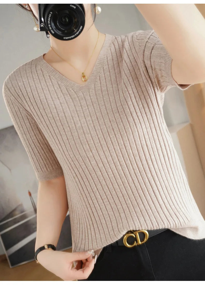 2024 new Women's Clothing Pullovers Sweaters Spring Summer New V-neck Short sleeved Knitted Shirt Base Shirt Solid Color Jumpers