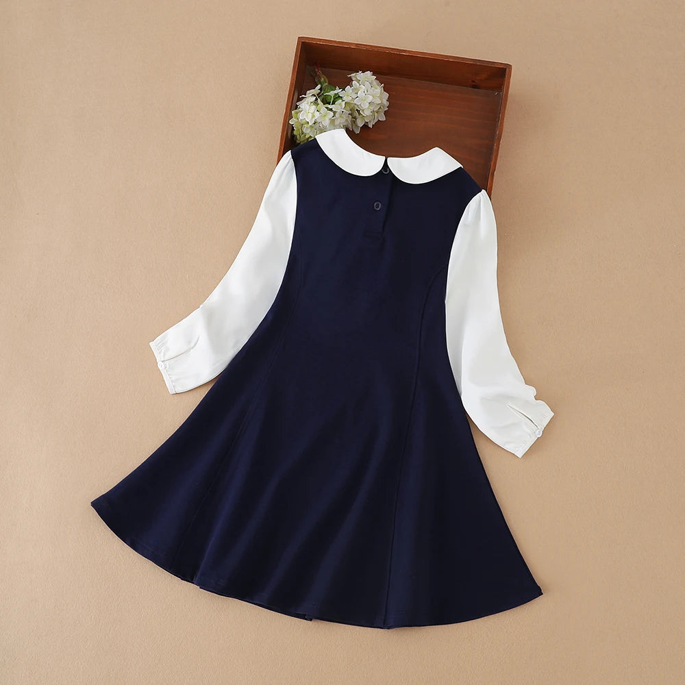 Girls Dresses 2024 Preppy Style Dresses Kids Ruffle Collar Long Sleeved Clothes Children Dresses with Bow for 5-12 Years