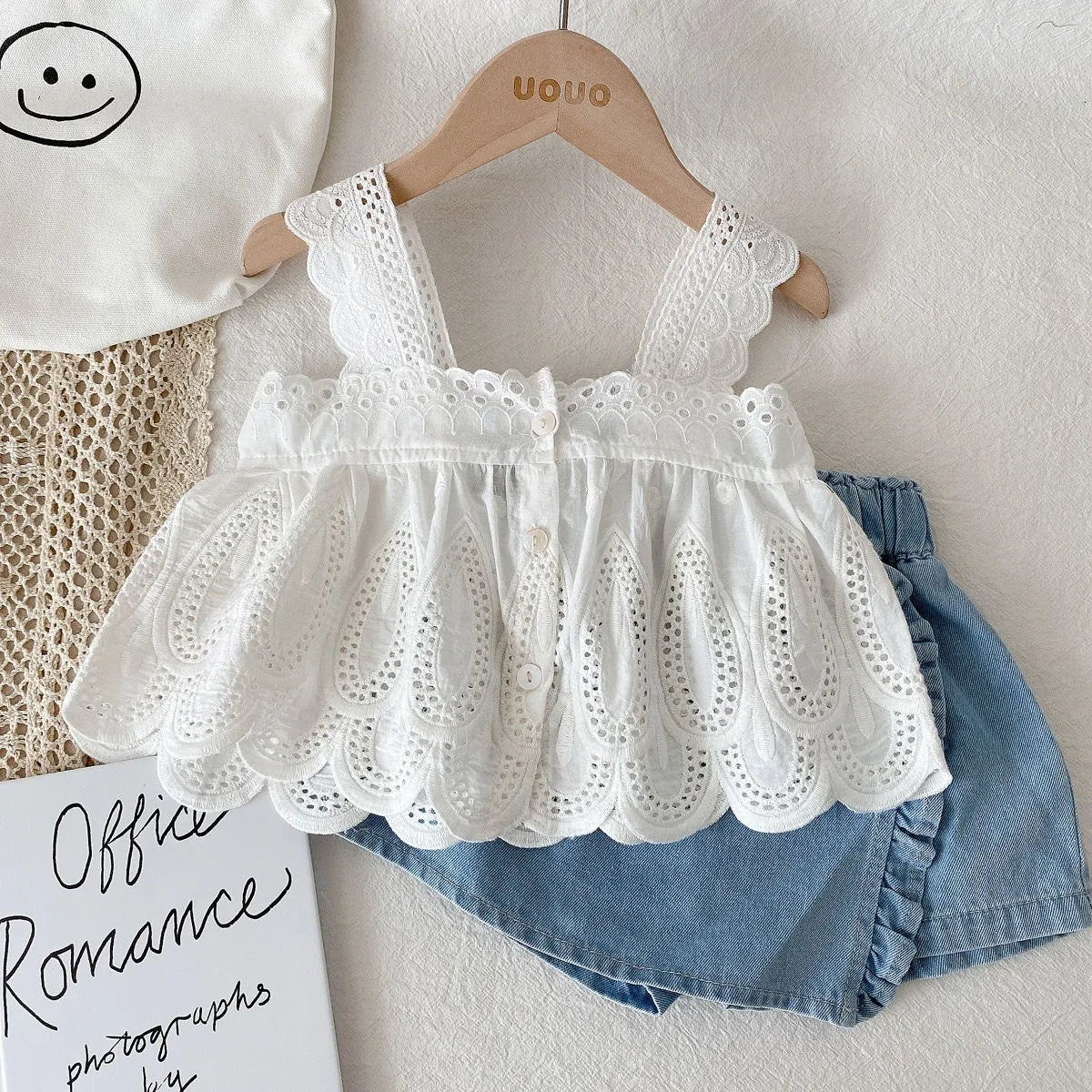 Girls Summer Suit White Suspender Top + Denim Shorts Two-piece Set Casual Simple Style Lace Loungewear Outfit